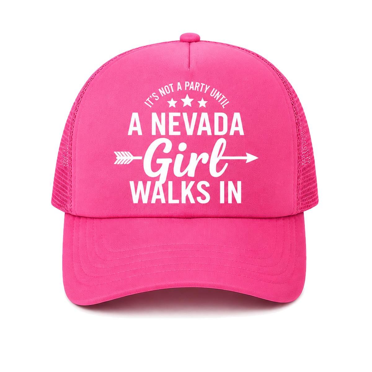 Nevada Girl Trucker Hat in Hot Pink - flat lay, front
