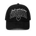 Just a Girl Who Loves Nevada Trucker Hat in Black - flat lay, front