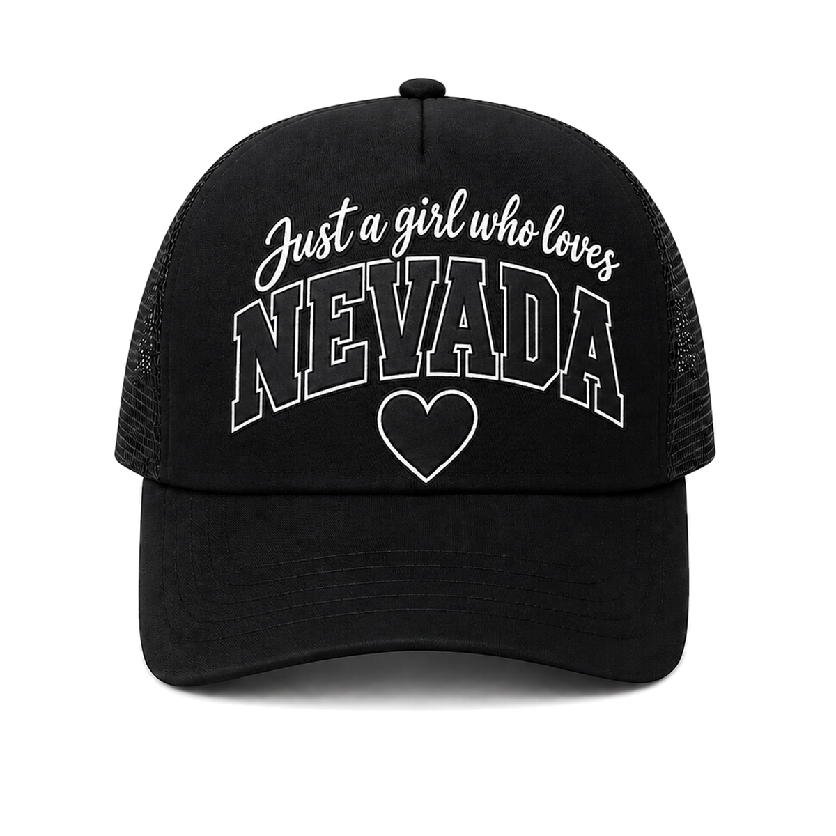 Just a Girl Who Loves Nevada Trucker Hat in Black - flat lay, front