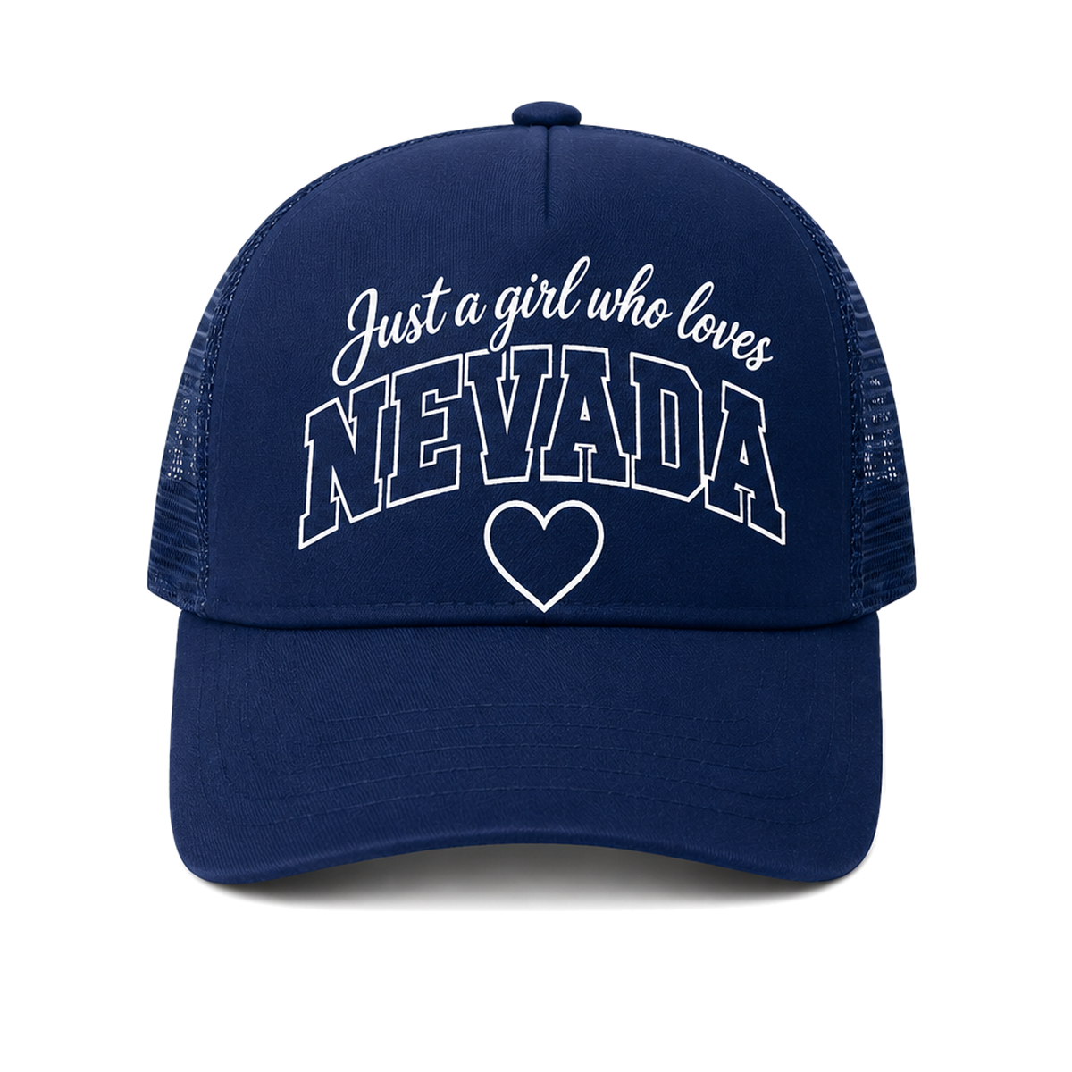 Just a Girl Who Loves Nevada Trucker Hat in Blue - flat lay, front