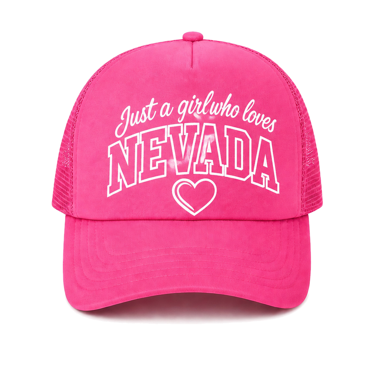 Just a Girl Who Loves Nevada Trucker Hat in Pink - flat lay, front