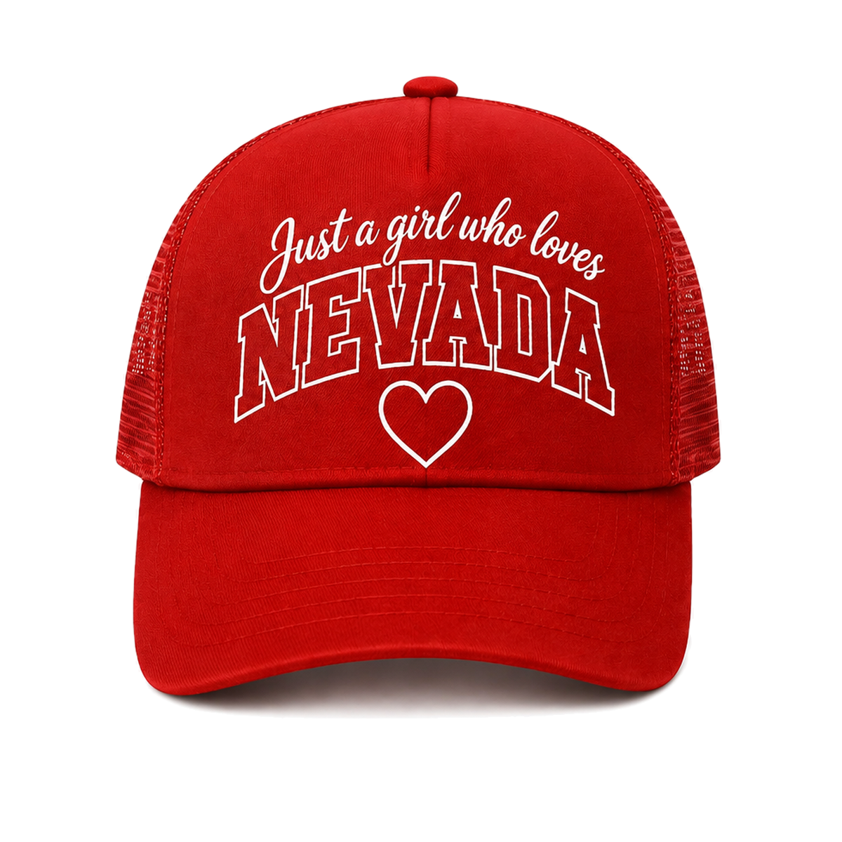 Just a Girl Who Loves Nevada Trucker Hat in Red - flat lay, front