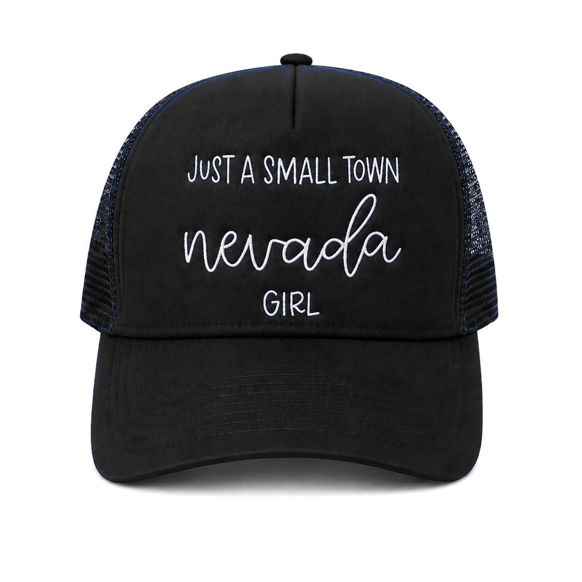 Just a Small Town Nevada Girl Trucker Hat in Black - flat lay, front
