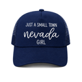 Just a Small Town Nevada Girl Trucker Hat in Navy - flat lay, front