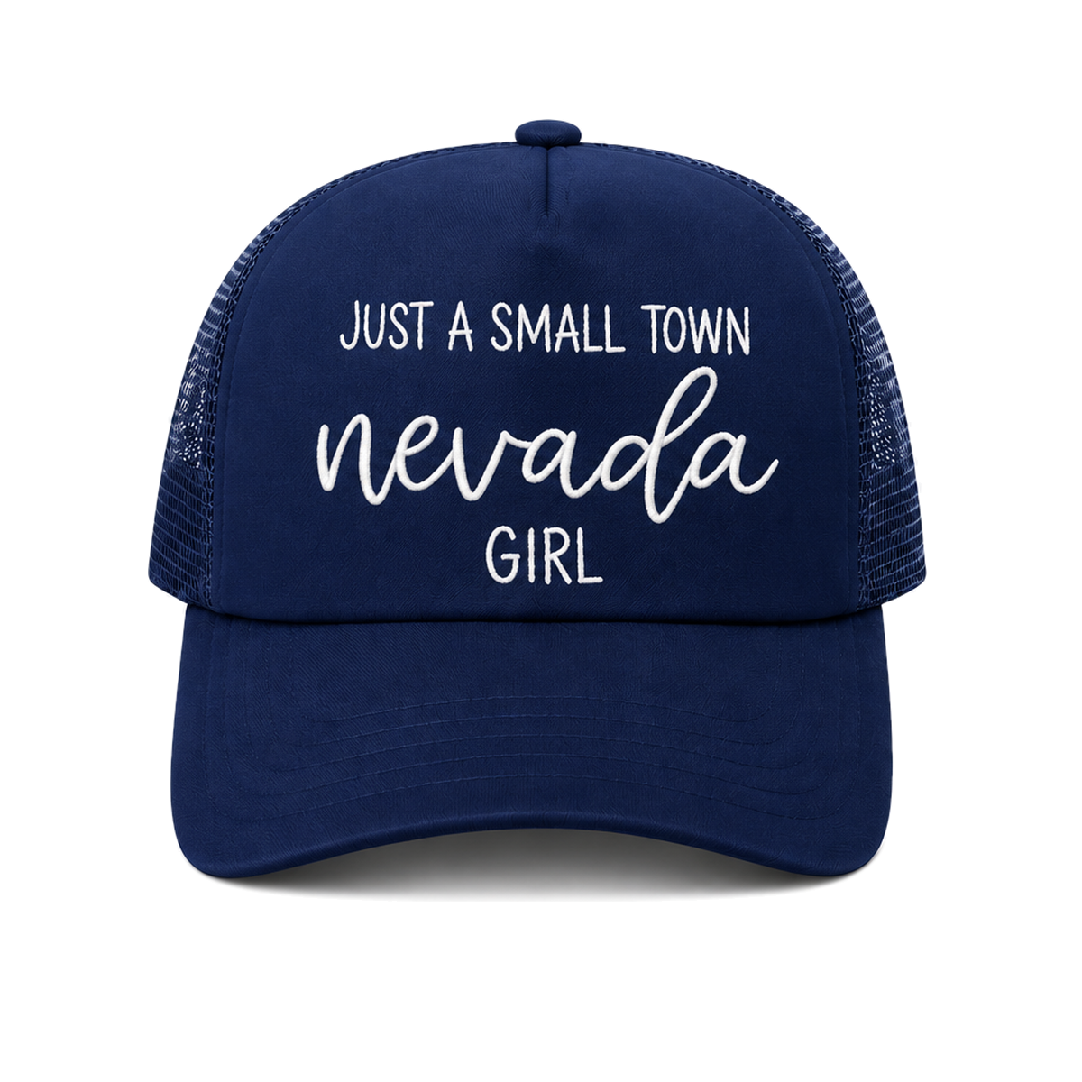 Just a Small Town Nevada Girl Trucker Hat in Navy - flat lay, front