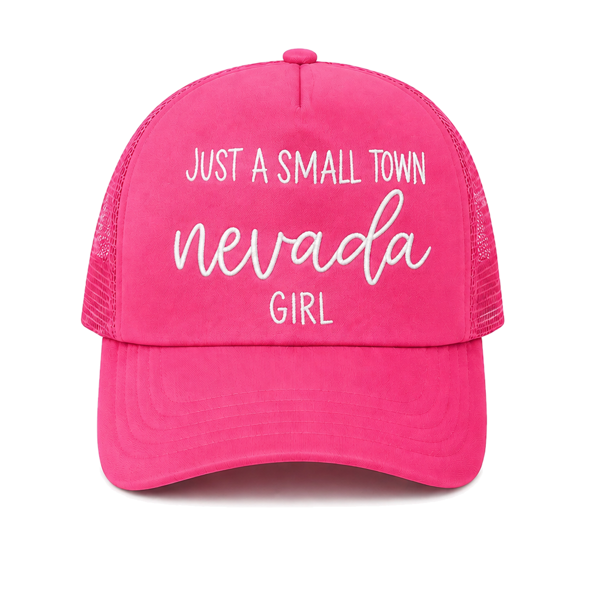 Just a Small Town Nevada Girl Trucker Hat in Pink - flat lay, front